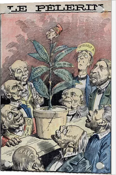 Dreyfus case, 1898: cartoon showing the influence of the case on French society. Dreyfusards and supporters of the separation of church and state watch the 'flower'Dreyfus and their ideas: 'atheism', 'impiete'