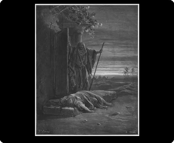 Gustave Dore Bible: The Levite finding the corpse of the woman (engraving)