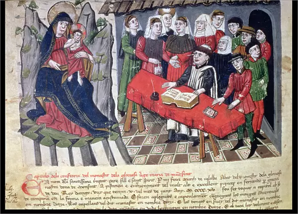 Signing the Statutes of the Proclamations of the Fraternity of Montserrat, by the brothers in 1415, from the Llibre Vermell de Montserrat (vellum)