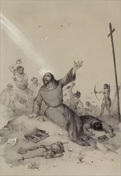 Martyrdom of St Boniface at the hands of Frisian bandits, Dokkum, Netherlands, 754 (litho)