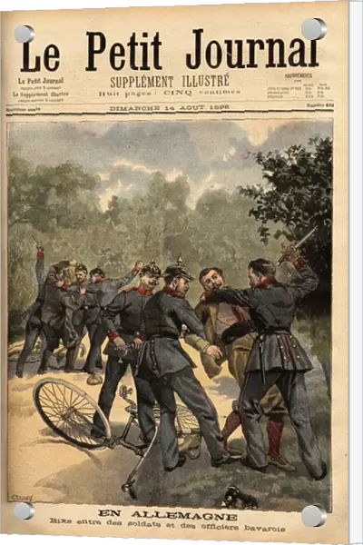 Brutal fight between soldiers and Bavarian officers in plain clothes, on a bicycle ride near Fuerth, Germany. Engraving in 'Le petit journal'14  /  8  /  1898. Selva Collection
