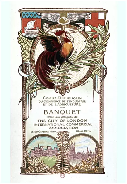 Rooster and Monuments, banquet menu of the Republican Committee on Trade, Industry and Agriculture offered 22. 11. 1906 to the delegates of the City of London international commercial association