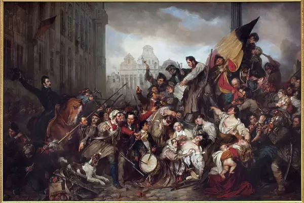 Belgian Revolution of 1830: episode of September 1830 on the square of the Brussels City Hall (Belgium). Painting by Gustaf Wappers (1803-1874), oil on canvas, 1835. Belgian art, 19th century. Royal Museum of Fine Arts of Belgium, Brussels