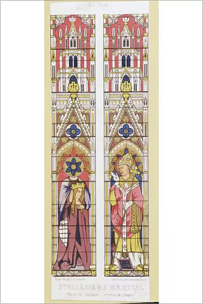 Saint Valerie, virgin and martyr in Limoges (3rd century) and Saint Martial, eveque of Limoges (3rd century), patrons of Aquitaine. Fac simile reproducing the stained glass windows of the Cathedrale de Limoges