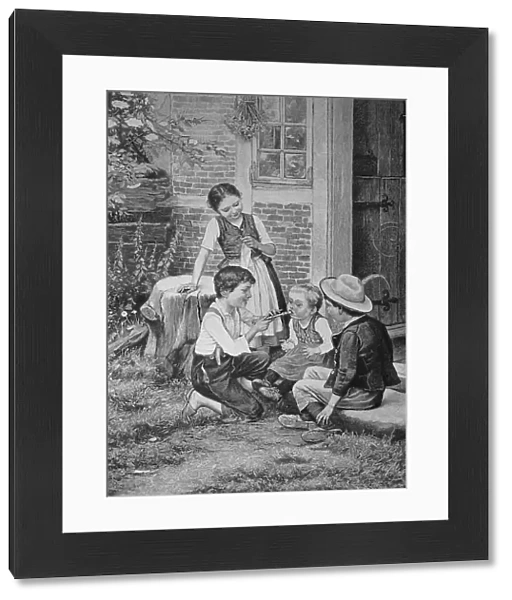 Children Practising Playing the Flute, Historic, digital reproduction of an original from the 19th century