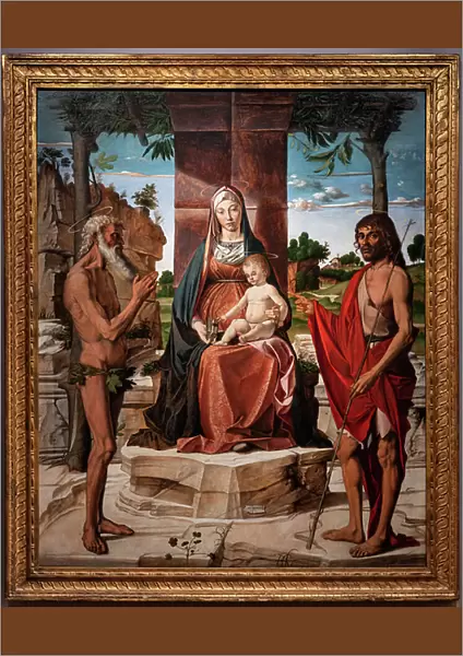 Madonna with infant Jesus under a pergola among Saints John the Baptist and Onuphriusm 1485-86 (oil on panel)