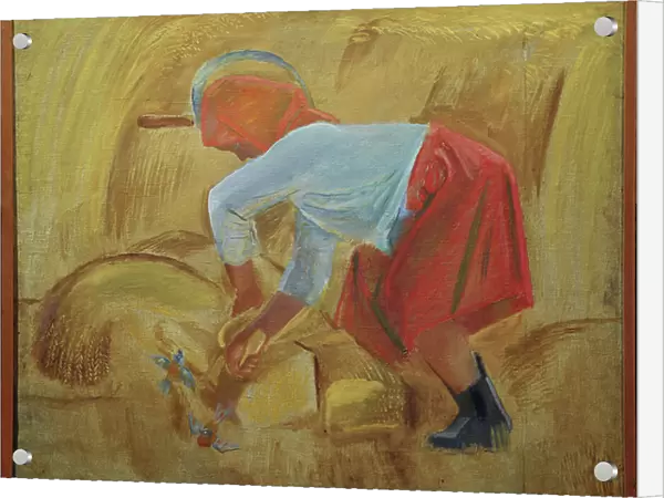 Une moissonneuse avec une faucille sur la tete. Peinture de Alexei Fyodorovich Pakhomov (1900-1973), huile sur toile, 1928. Art russe, 20e siecle, avant garde. Regional Art Gallery, Tambov (Russie)
