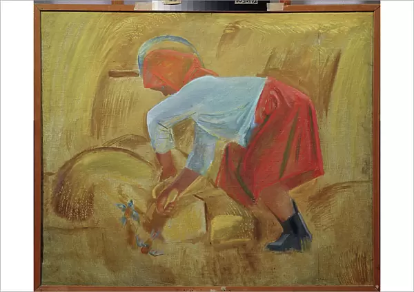 Une moissonneuse avec une faucille sur la tete. Peinture de Alexei Fyodorovich Pakhomov (1900-1973), huile sur toile, 1928. Art russe, 20e siecle, avant garde. Regional Art Gallery, Tambov (Russie)