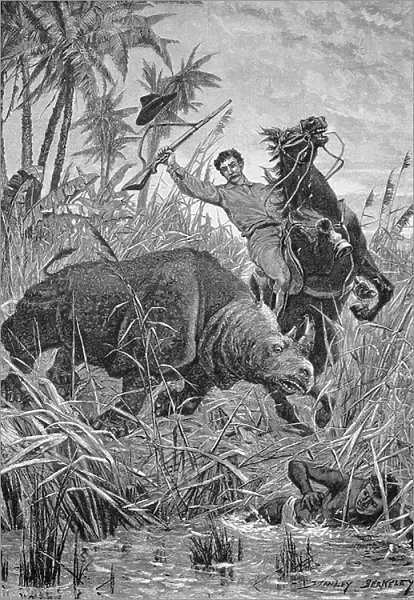 Rhino Hunt in Africa, Historical, Digital Reproduction of an Original 19th century Original