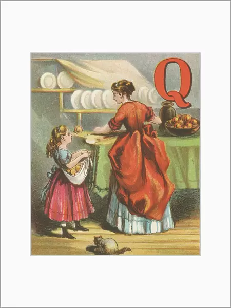 Q: Q stands for the Quince I have plucked from a tree, To flavor the tart Mary's making for me. 1870 (illustration)
