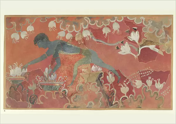 Painting of the Blue Monkey Saffron Gatherer fresco from the Palace of Minos at Knossos (Evans Fresco Drawing L / 3 a)), circa 1921 (paper, pigment)