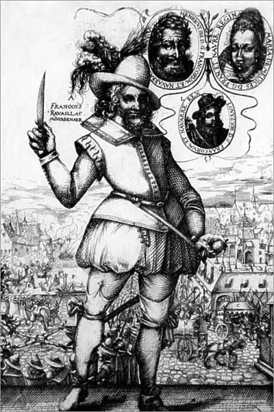 Francois Ravaillac (1578-1610) French extremist he stabbed to death French king Henri IV in 1610, with portraits of French king Henri IV, queen marie de Medicis and Louis XIII, engraving by Cristoffel van Sichem