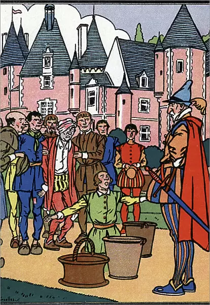 Marquet and the fouace breads sellers before the king Picrochole Illustration by Pierre Couselles (died 1938) from 'Gargantua' by Francois Rabelais, 1926 Private collection