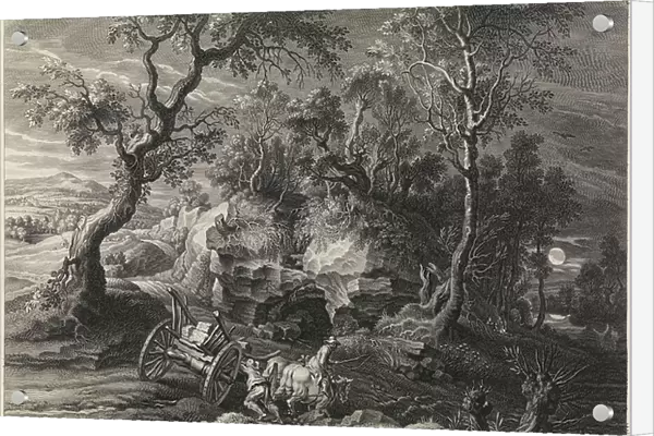 Landscape with a jammed chariot (engraving)