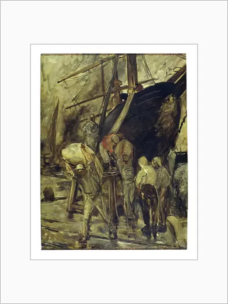 Unloading the ship (oil on canvas)