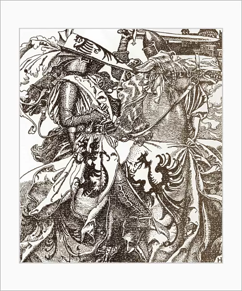 Arthurian Legend: Kay (Keu), knight of the round table, breaking his sword at a Tournament (Sir Kay, knight of the round table, breaketh his sword at a Tournament) Illustration by Howard Pyle (1853-1911) from "