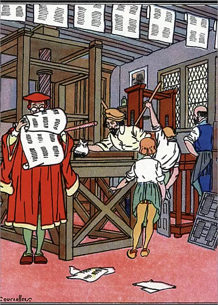 Enemies are condemned to work in the printing office Illustration by Pierre Courselles (died 1938) from 'Gargantua' by Francois Rabelais, 1926 Private collection