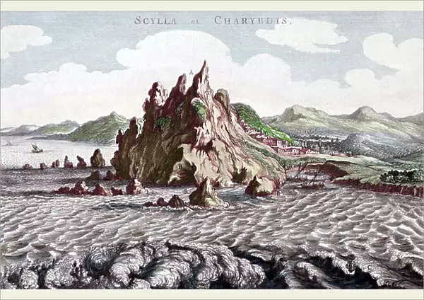 View of Charybde and Scylla in the Detroit of Messina between Italy and Sicily (Scylla and Charybdis (Kharybdis) in the strait of Messina, Sicily, Italy) Engraving after 'Mundus Subterraneus' by Athanasius Kircher (1601-1680), Jesuite