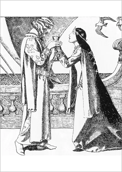 Arthurian Legend: The Knight Tristan and Iseult Drinking the Love Philtre (Tristan (Tristam) and Iseult Drinking the Love Draught) Illustration by Howard Pyle (1853-1911) from 'The story of the champions of the round table'"