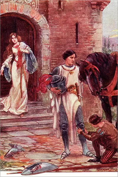 Lancelot and Elaine, illustration from The Gateway to Tennyson, publ. 1910 (colour litho)