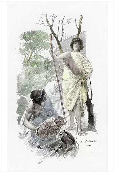 Odyssee d'Homere: chant XIII: Athena deguisee as a young shepherd welcomes Ulysses a Ithaque (Odyssey by Homer: Odysseus returns to Ithaca and meets Athena disguised as a shepherd boy) Illustration by Antoine Calbet (1860-1944) for "