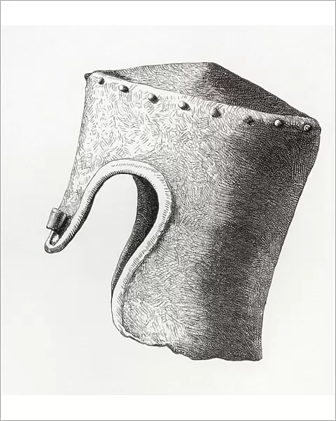 Thirteenth century Cylindrical Flat-topped Helmet with Nasal, dug up at Montgomery Castle in 1841, from The British Army: Its Origins, Progress and Equipment, published 1868