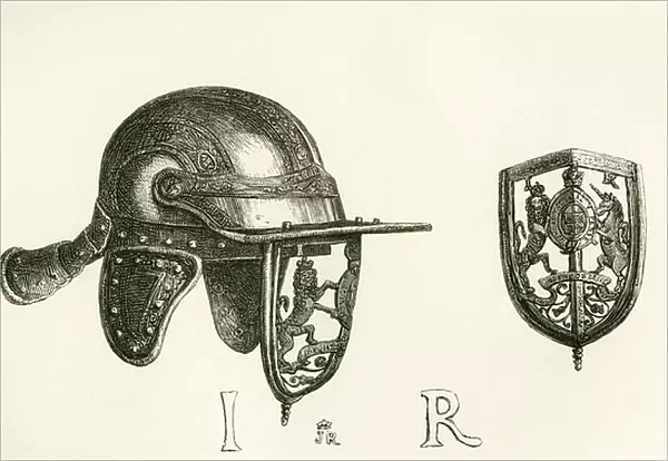 Casque of King James II with cheek pieces and perforated steel visor representing the Royal Arms, with scroll work of thistles below, from The British Army: Its Origins, Progress and Equipment, published 1868