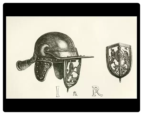 Casque of King James II with cheek pieces and perforated steel visor representing the Royal Arms, with scroll work of thistles below, from The British Army: Its Origins, Progress and Equipment, published 1868