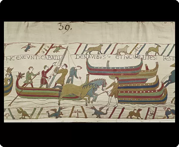 Unloading horses from the Norman ships, Bayeux Tapestry (wool embroidery on linen)