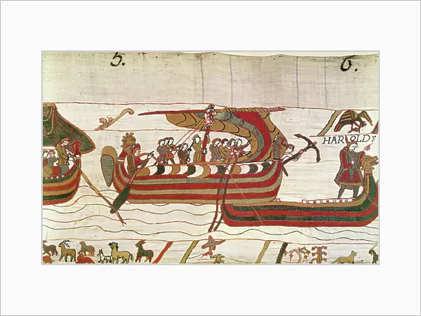 The Ships are Blown by the Winds towards the territory of Count Guy of Ponthieu, Bayeux Tapestry (wool embroidery on linen)