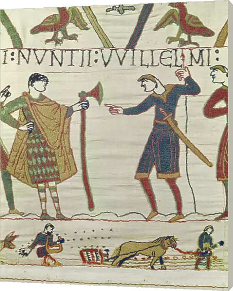 Duke William's envoys come to find Count Guy, Bayeux Tapestry (wool embroidery on linen)