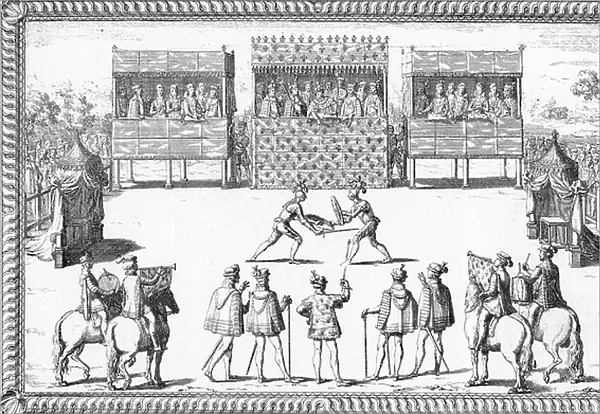 Jarnac's coup: Duel of Guy Chabot de Jarnac and Francois de Vivonne de la Chataignerie before the Court at Saint-Germain-en-Laye, 1547 (engraving)