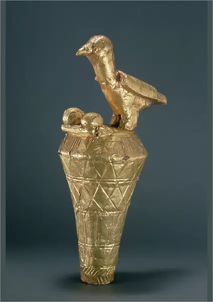 Asante royal umbrella finial depiciting a bird and its young, from Ghana (gilt wood)