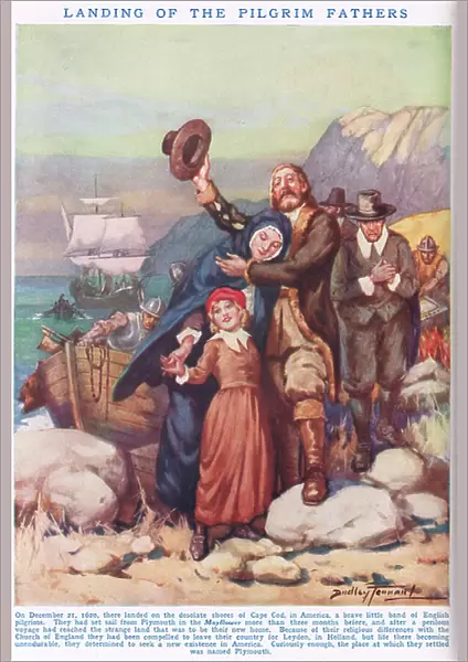 Landing of the Pilgrim Fathers, illustration from Newnes Pictorial Book of Knowledge (colour litho)