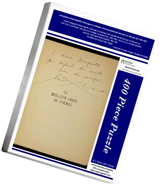 Autograph to Rene Magritte, inset page of Le Meilleur choix de poemes est celui que l'on fait pour soi, 1818-1918, 21 November 1947 (pen & ink on paper)