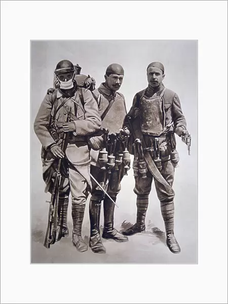 WWI French soldiers wearing crude body armour, 1914-18 (litho)