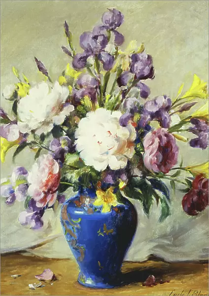 Still Life with Peonies and Iris, (oil on canvas)