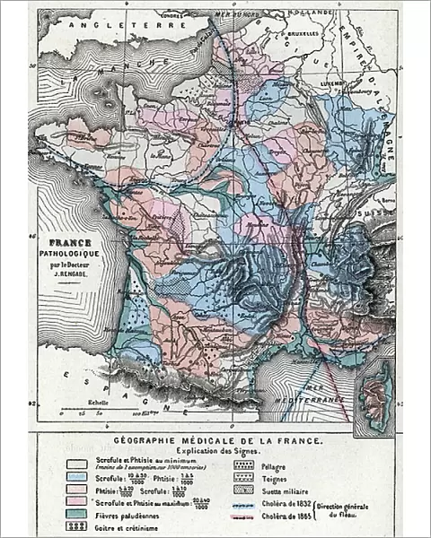 Representation of a geographic map of France at the end of the 19th century with areas corresponding to diseases (scrofule, phtisia, malaria, goiter and cretinism, pellagre, moth)