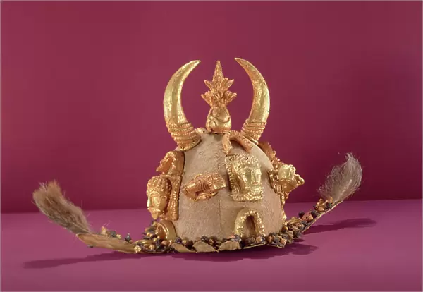 Asante helmet worn by officials, from Ghana (gold and animal skin)
