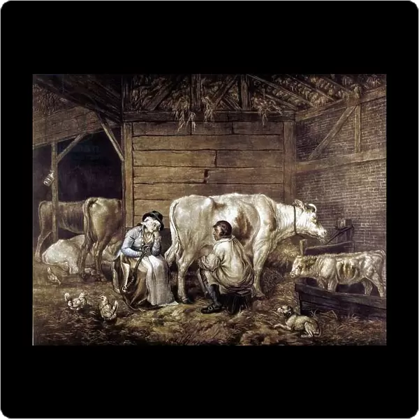 The Cowshed mezzotint after George Morland (1763-1804) English artist. Cowman milks into bucket. Milkmaid waits, holding yoke on which buckets carried. Hay loft: Lantern: hens