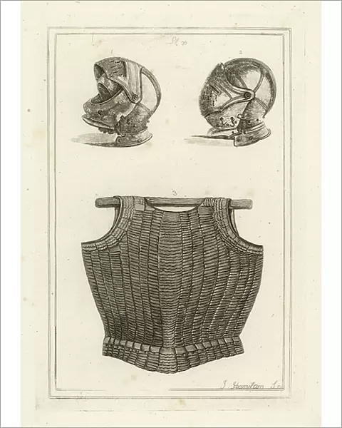 Helmet found at Bosworth Field, and flexible cuirass of metal laminae on leather said to have belonged to King Henry VIII, illustration from Military Antiquities... by Francis Grose, 1812 (engraving)