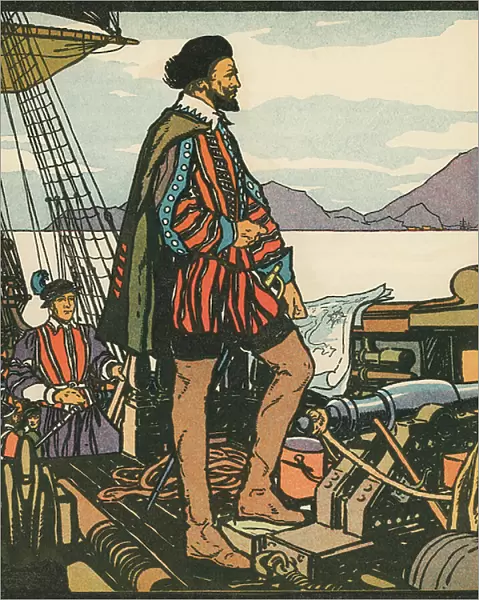 Explorers: Sir Francis Drake on His Ship, 1931 (woodcut print)