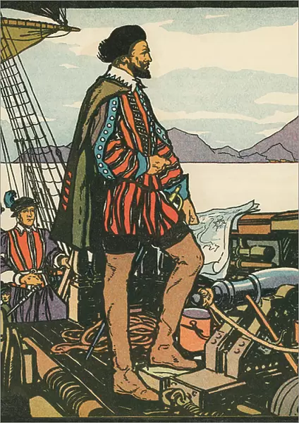 Explorers: Sir Francis Drake on His Ship, 1931 (woodcut print)
