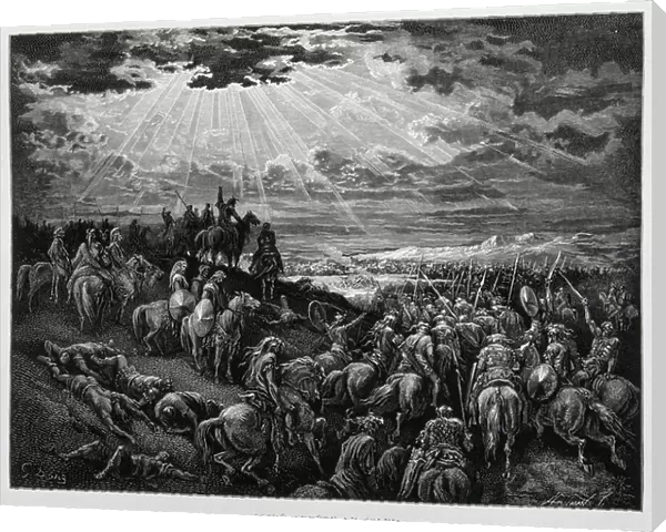 Joshua makes the sun stand still, Illustration from the Dore Bible, 1866