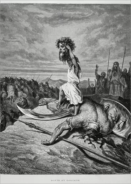 David slays Goliath, Illustration from the Dore Bible, 1866