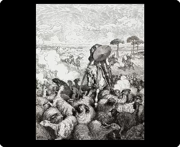Don Quixote fighting the herd of sheep, from Die Gartenlaube, pub. 1905