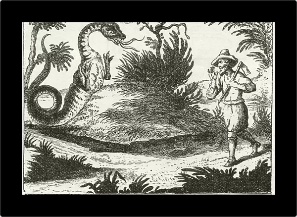 Author-explorer Schenchzer meeting a dragon in the Swiss Alps, after a drawing from his book Routes in the Swiss Alps, written 1702-1711. From The Strand Magazine published 1897