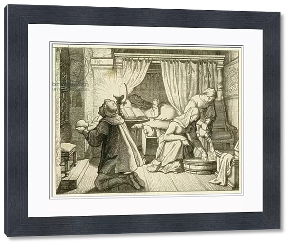 The birth of Martin Luther, 10. 11. 1483 in the night, the father with the baby, he is praying, 1850s (engraving)