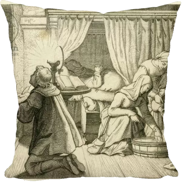 The birth of Martin Luther, 10. 11. 1483 in the night, the father with the baby, he is praying, 1850s (engraving)