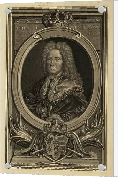 Portrait of Frederick I, King of Prussia, Elector of Bavaria. Fredericus, Rex Prussia El. Br. In wig, lace kerchief, robes, and chain with Order of the Black Eagle and Elephant of Denmark. With crown, coat of arms, sceptre and mace below